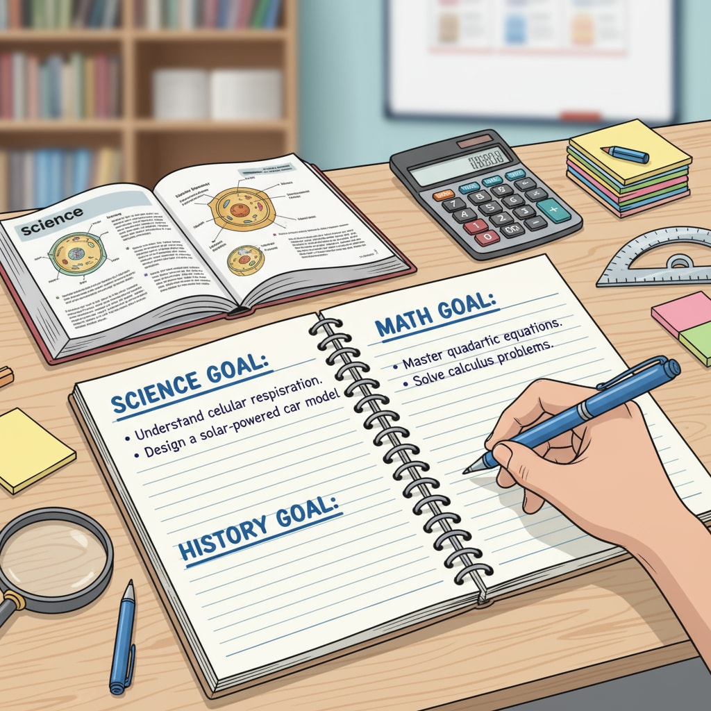 A student is writing down specific learning goals on a notebook, with headings like'science goal','math goal', etc., indicating the process of setting clear learning goals. Student writing down learning goals for multidisciplinary learning