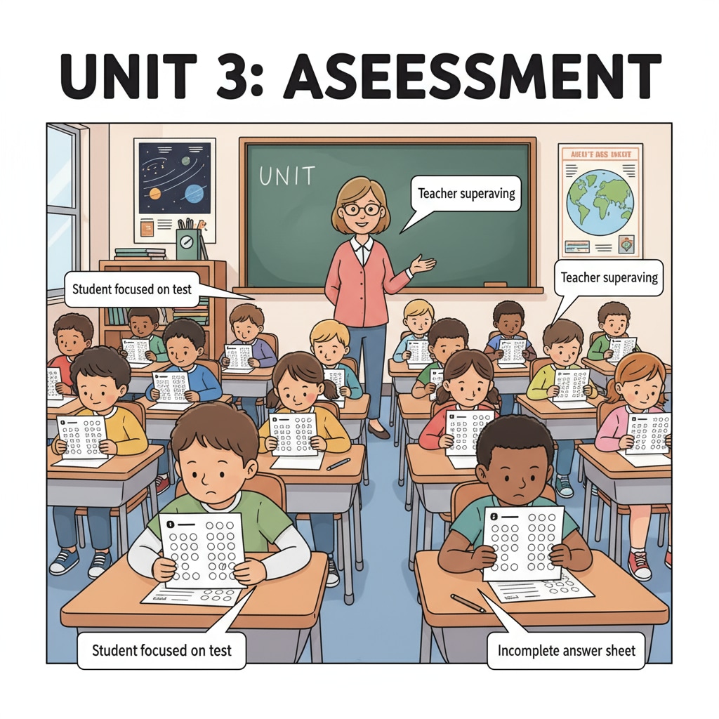 A classroom scene where students are taking a test. Some students have answer sheets with blank spaces, representing incomplete test scores. Students taking a test with incomplete answer sheets related to datasets, test scores, and outliers in K12 education
