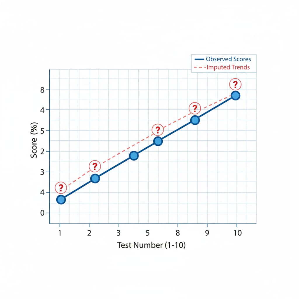 A graph depicting a set of test scores. There are missing data points, and lines indicating potential trends for imputing the missing values. Graph of test scores with missing data points and imputation trends relevant to datasets, test scores, and outliers