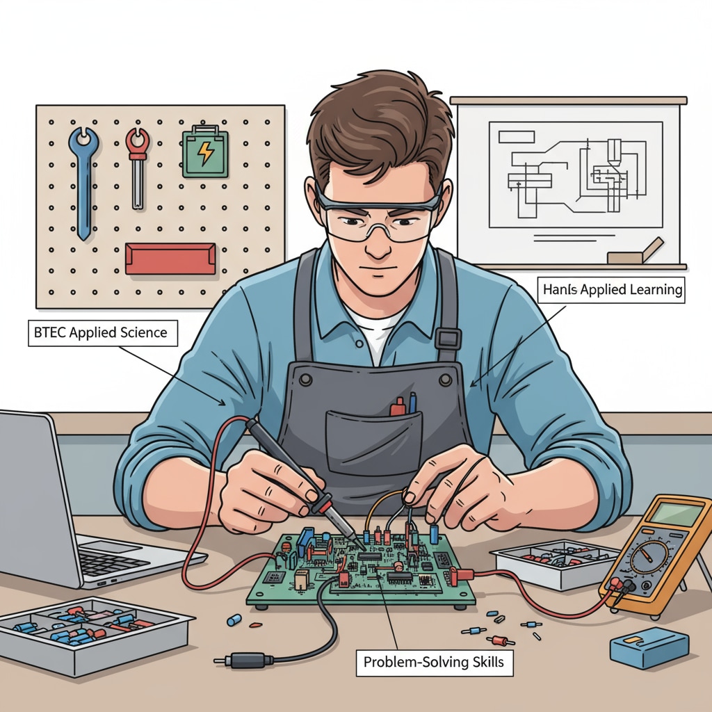A student is actively working on a practical project as part of a BTEC course, highlighting the hands-on nature of this educational option for dropouts. Student working on a BTEC practical project in the context of UK dropout continuing education