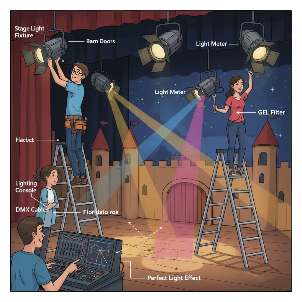 A group of technology team members are busy adjusting the stage lights to create the perfect lighting effect for a school performance. Technology team members adjusting stage lights for school performance in art education