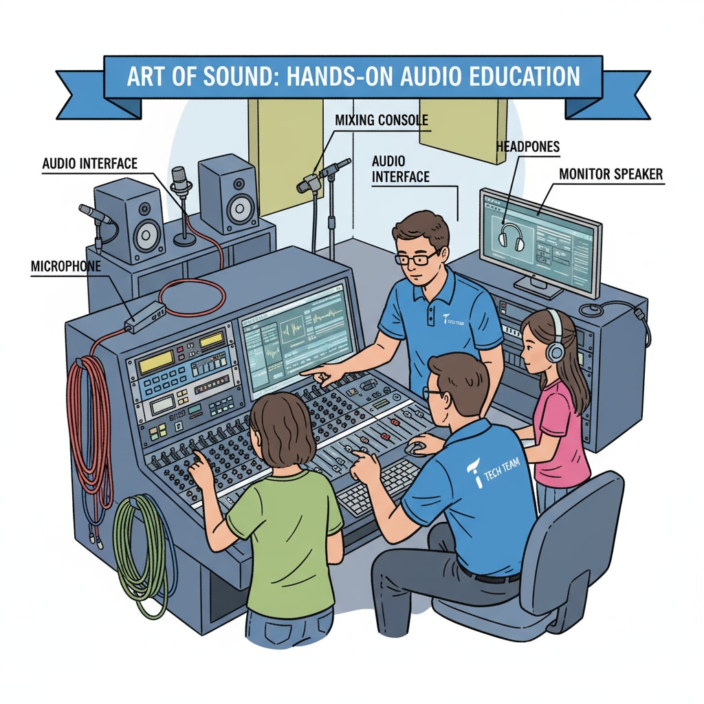 Students are attentively learning to operate sound equipment under the patient guidance of the technology team, which is an important part of art education. Students learning sound equipment operation with technology team in art education