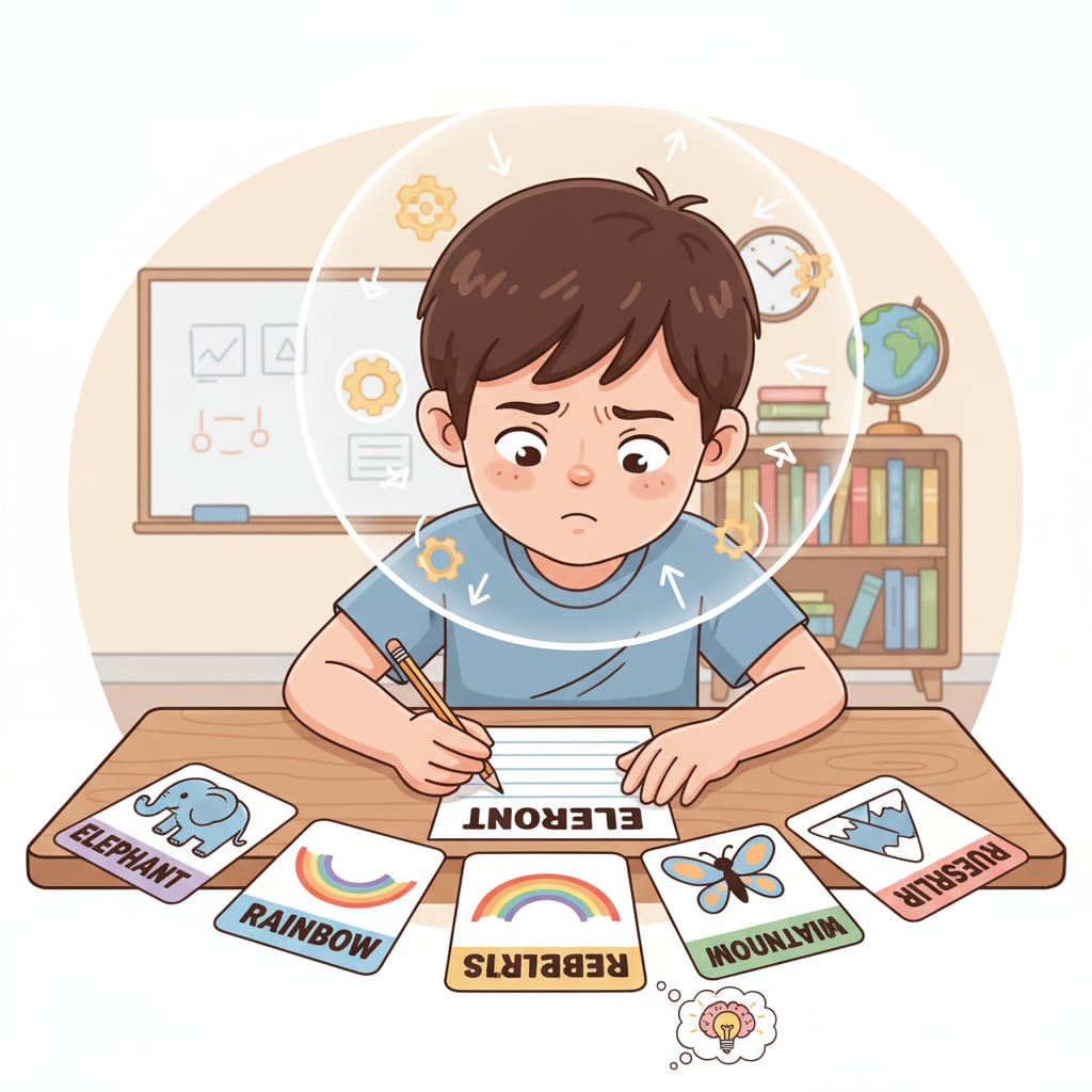 A child with ADHD is concentrating on spelling words with the help of colorful flashcards. The child is sitting at a table, carefully looking at the cards and trying to spell the words correctly. A child with ADHD focusing on spelling using colorful flashcards