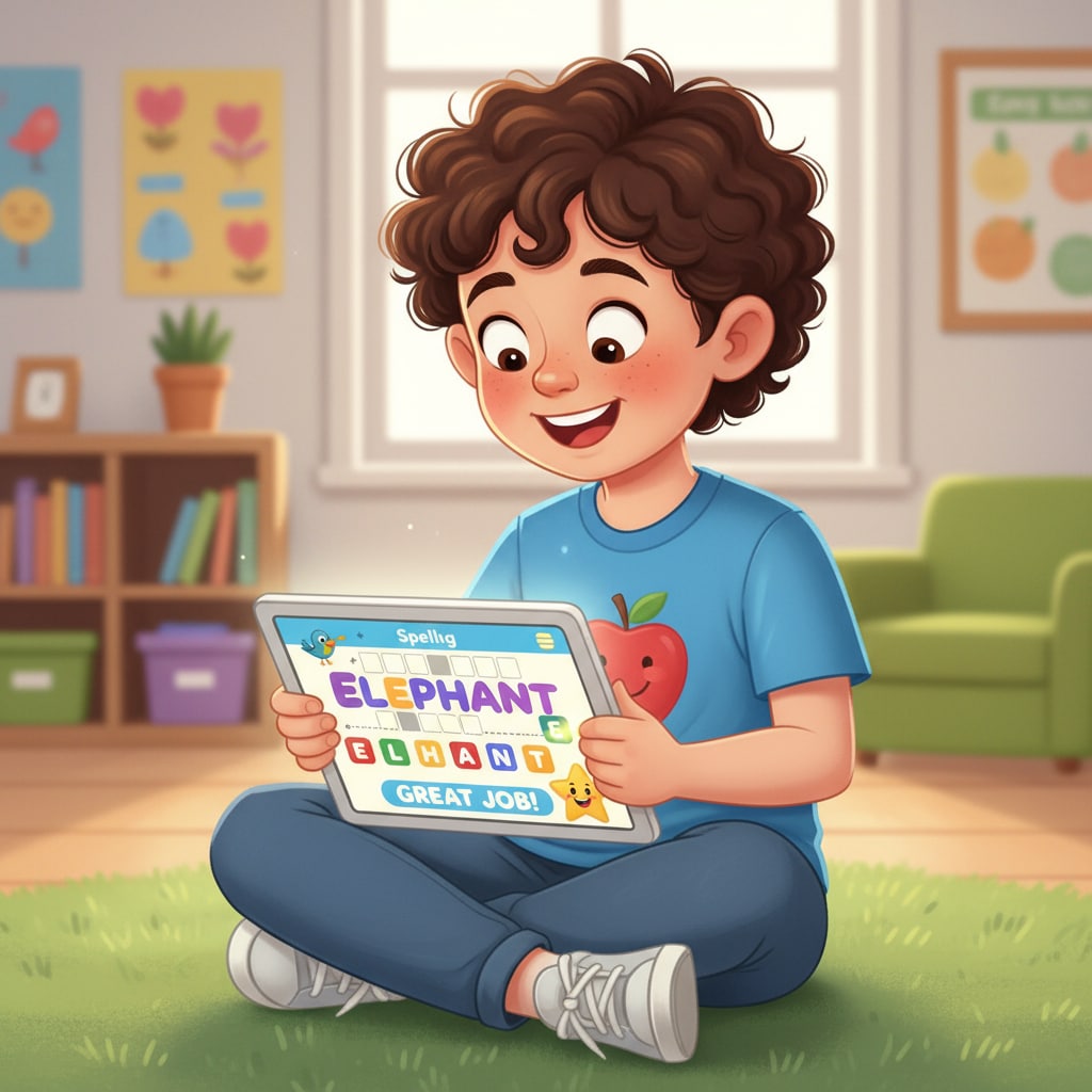 A child is using a spelling app on a tablet with an excited expression. The tablet screen shows a spelling game with colorful graphics and words. A child with ADHD engaged in a spelling app on a tablet