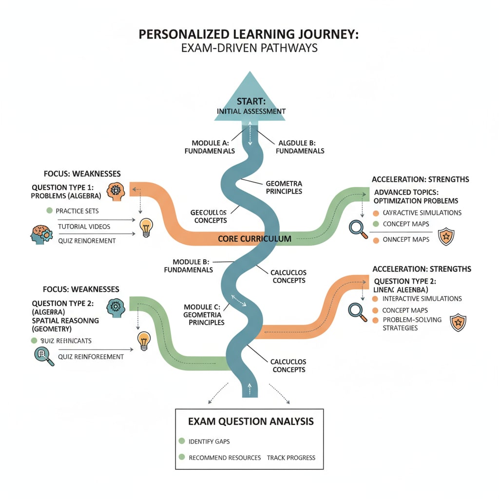 A diagram shows a personalized learning path. It has branches indicating different areas of focus based on exam question analysis. Visual representation of a personalized learning path for attention deficit and hands-on learners in theory learning