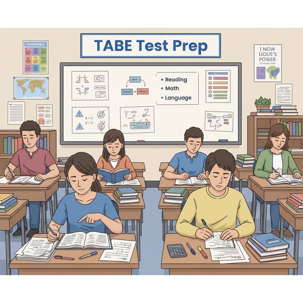 A group of young people are sitting at desks, surrounded by books and notes, studying intently for the TABE test. Young people preparing for the TABE test in pursuit of a firefighter career and EMT training