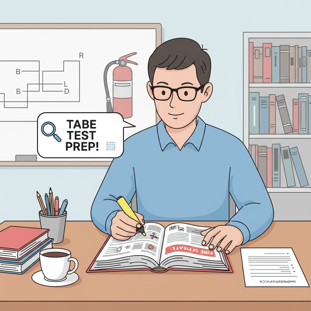 A person is sitting at a table, reading a thick fire safety manual with a pen in hand, highlighting important information for the TABE test. Person reading a fire safety manual to prepare for the TABE test as part of their journey to become a firefighter and enter EMT training