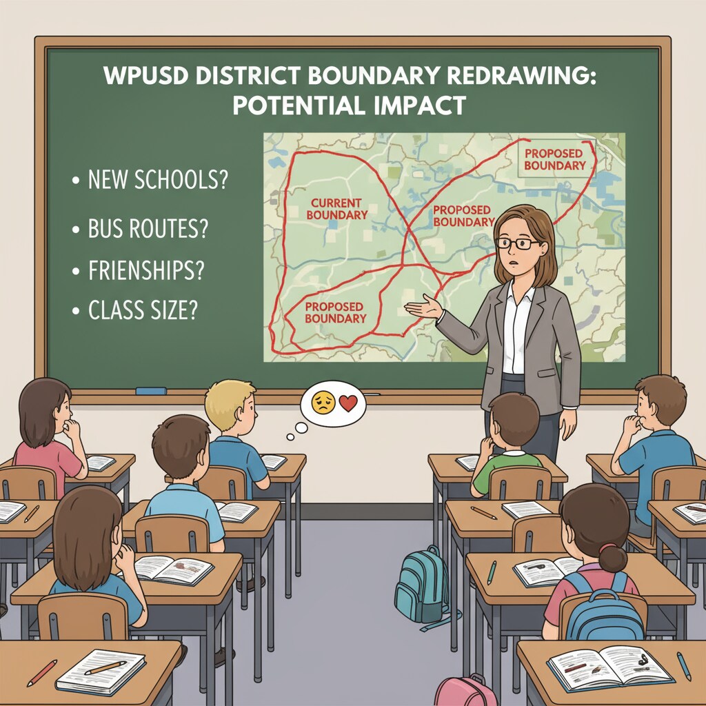 Inside a classroom, students are sitting at their desks, looking worried as the teacher stands at the front, discussing the potential impact of the WPUSD school district boundary redrawing. Students in a classroom expressing concern about WPUSD school district boundary redrawing
