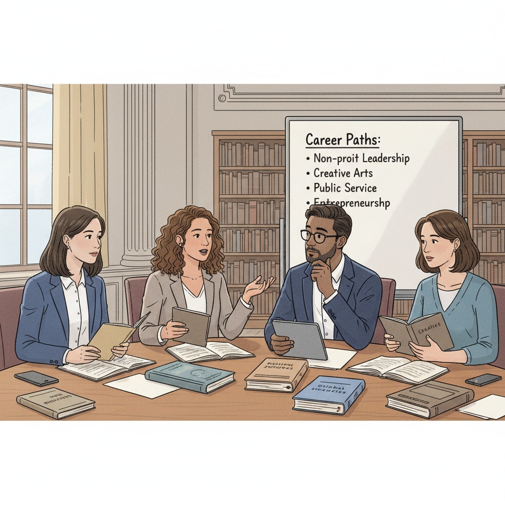 A group of liberal arts graduates are sitting around a table, having a serious conversation about their future career choices. Liberal arts graduates discussing career options related to liberal arts education, career dilemmas, and employment directions