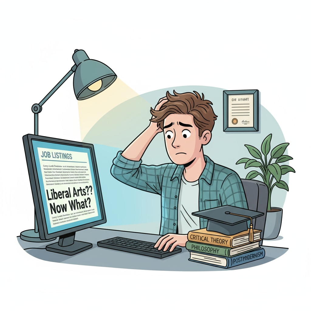 A young liberal arts graduate is sitting in front of a computer, looking frustrated while scrolling through job listings. Liberal arts graduate facing career dilemmas in the job market in relation to liberal arts education, career dilemmas, and employment directions