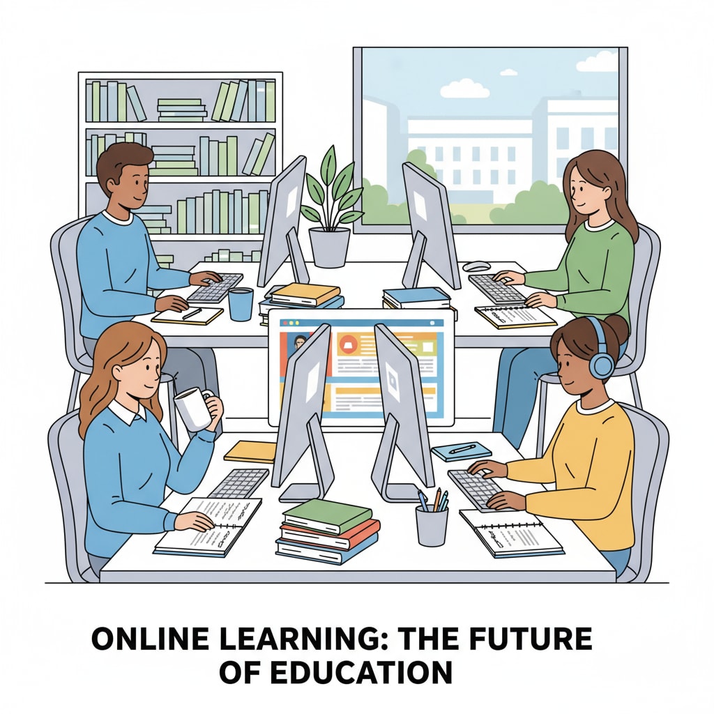A group of young people are sitting in front of their computers, concentrating on online courses, with books and notebooks beside them, showing their dedication to online learning. Young people engaged in online learning for education completion and high school diploma attainment