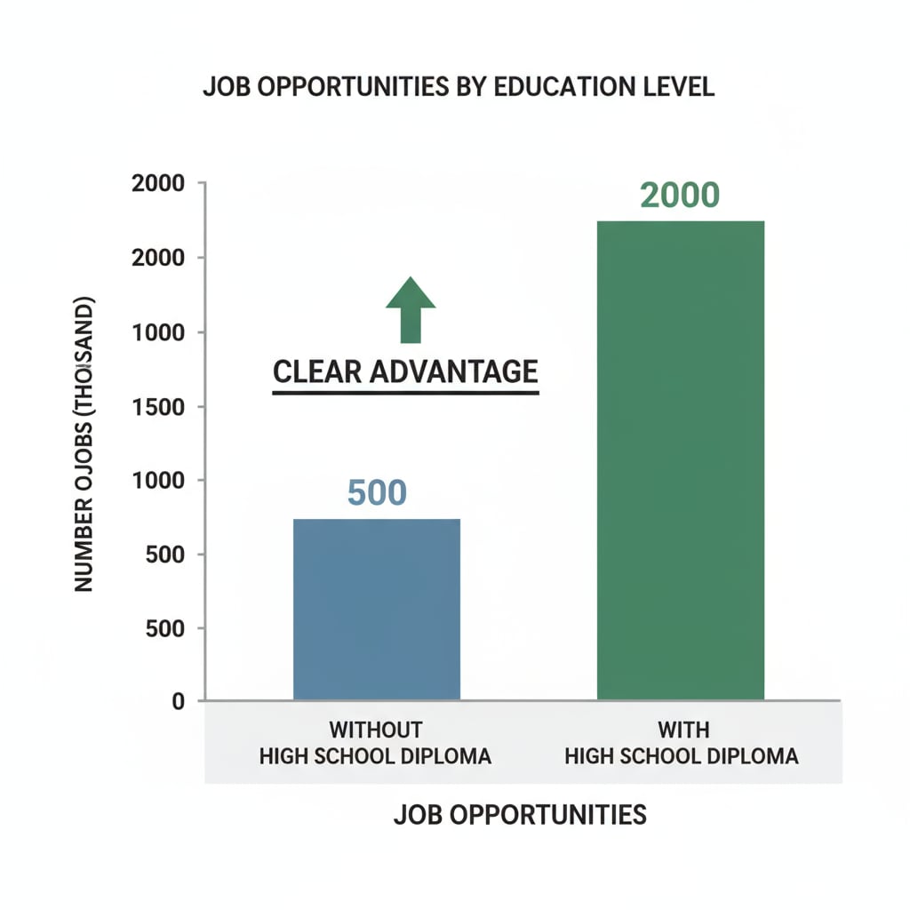 A bar graph comparing the number of job opportunities for individuals with and without a high school diploma, clearly indicating the advantage of having a high school diploma. Graph demonstrating the significance of high school diploma in job opportunities for those involved in online learning for education completion
