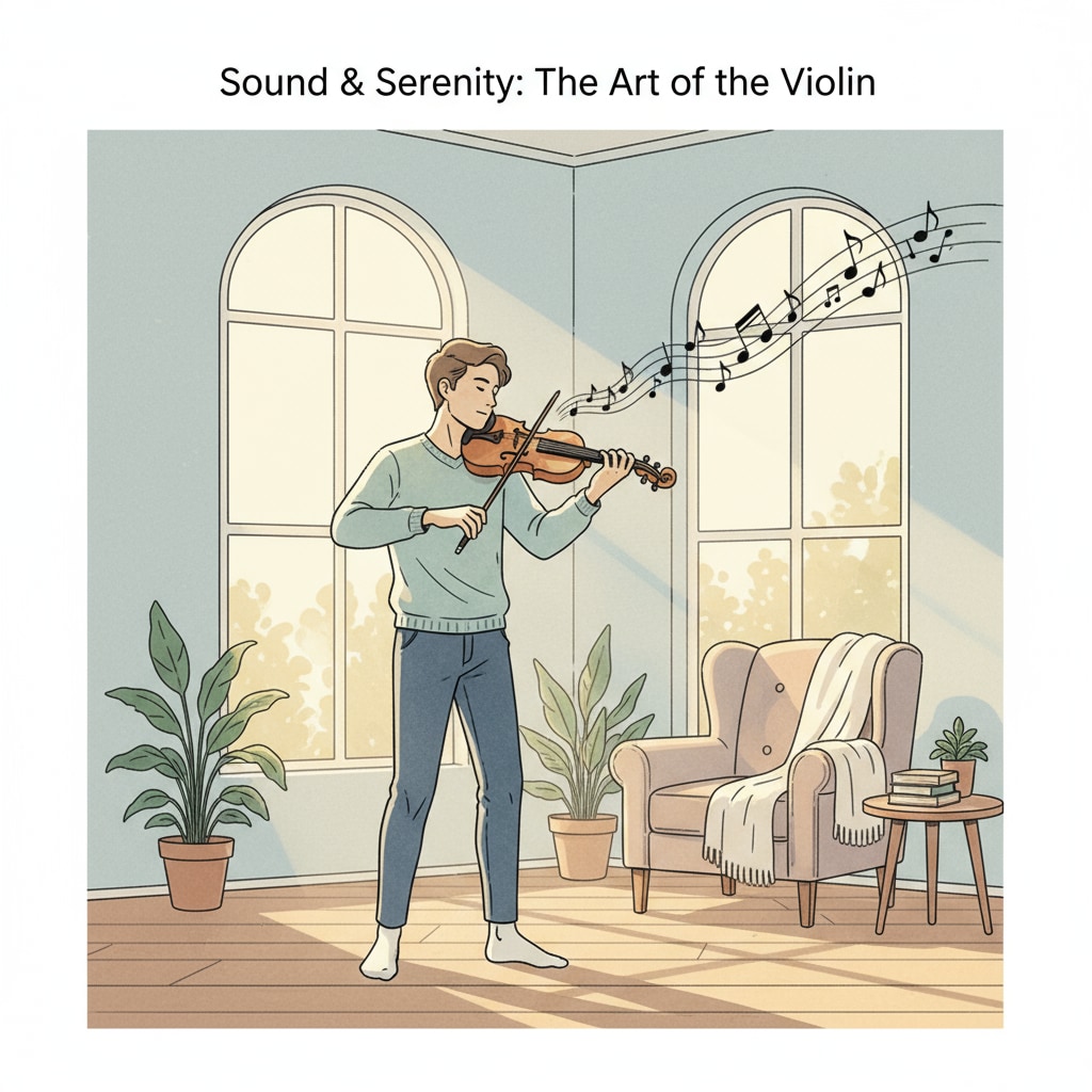 A person is playing a violin in a peaceful room with soft lighting, creating a serene atmosphere. A person playing a violin, related to the experience of mistaking violin sounds for human cries