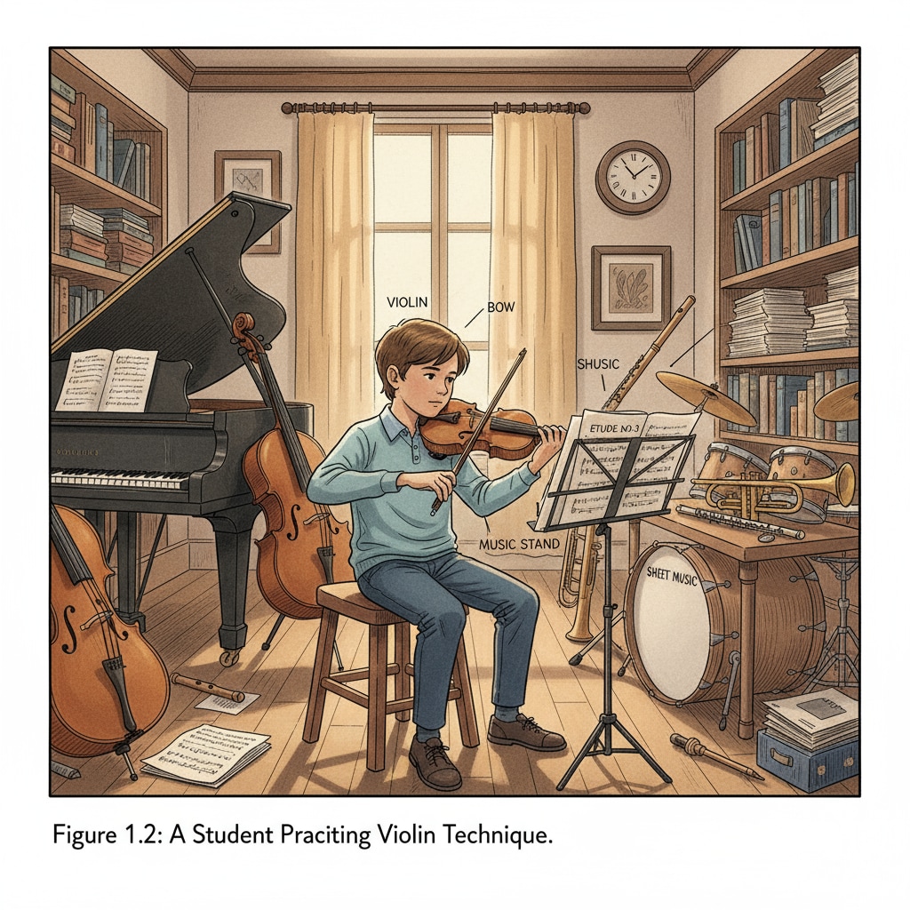 A student is intently practicing the violin in a music room filled with musical instruments and sheets of music. A student practicing the violin, highlighting the connection between violin sounds, misunderstanding, and education