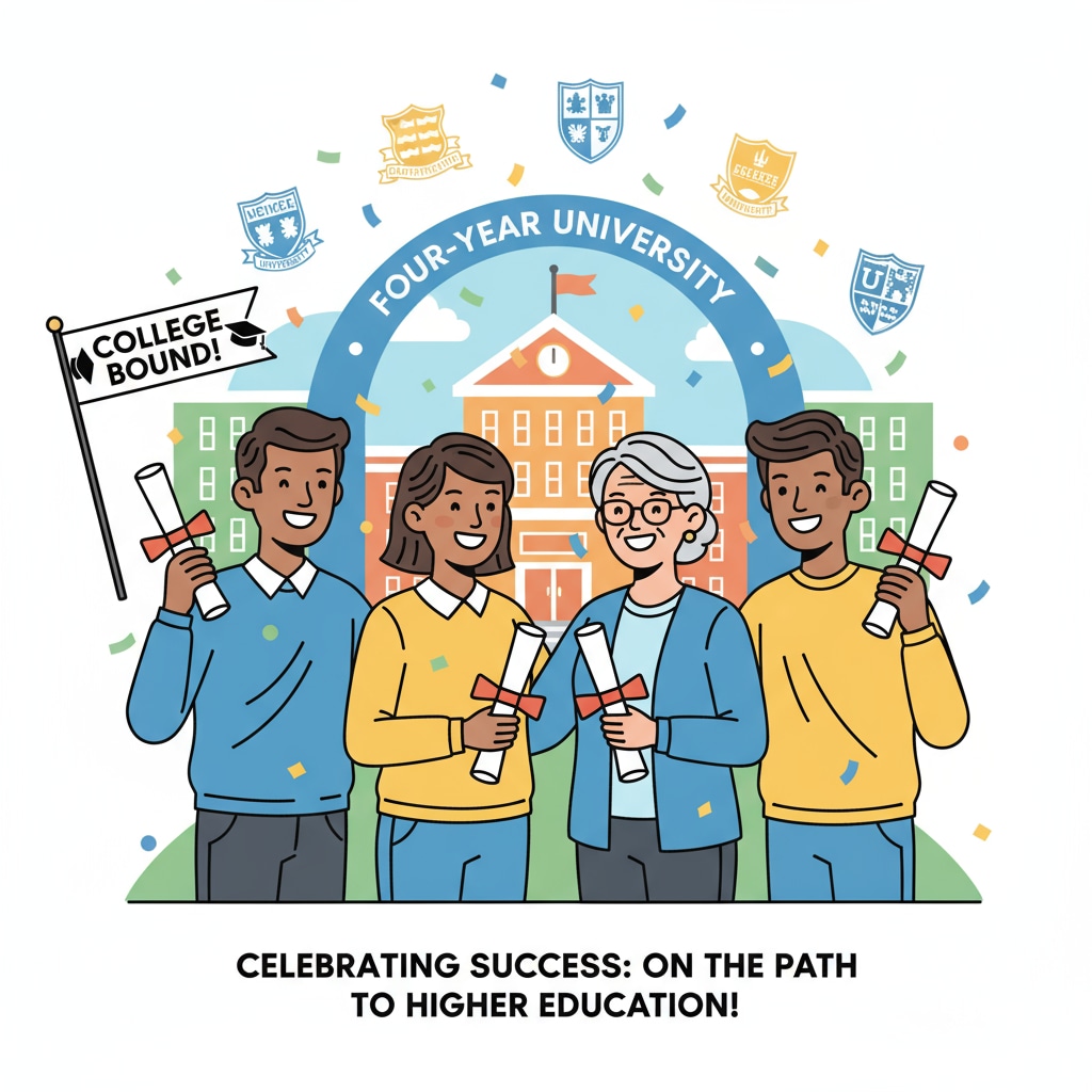 A group of students are seen smiling and holding their GED certificates while celebrating their acceptance into four - year colleges, showing a positive outlook on their educational journey. GED holders celebrating their entry into four - year colleges