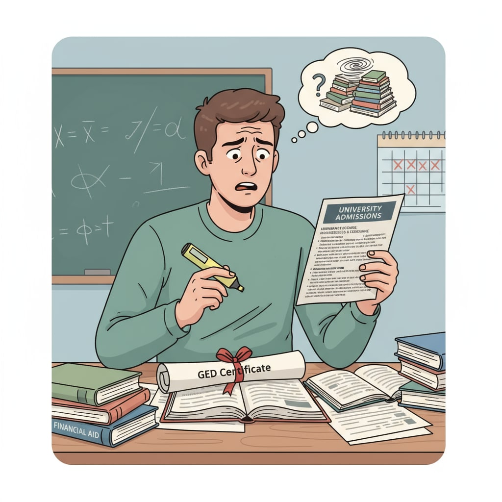 A person with a GED certificate is sitting at a desk, looking concerned as they read through college admission requirements, highlighting the challenges they face. GED holder facing the challenges of college admission
