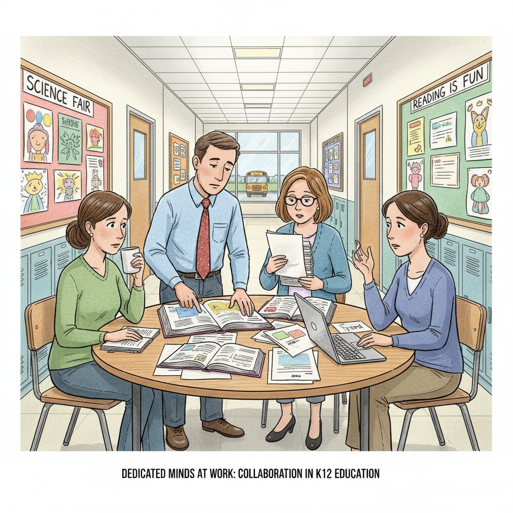 A group of K12 educators looking somewhat tired but still dedicated in a school hallway. K12 educators showing signs of burnout yet maintaining dedication.