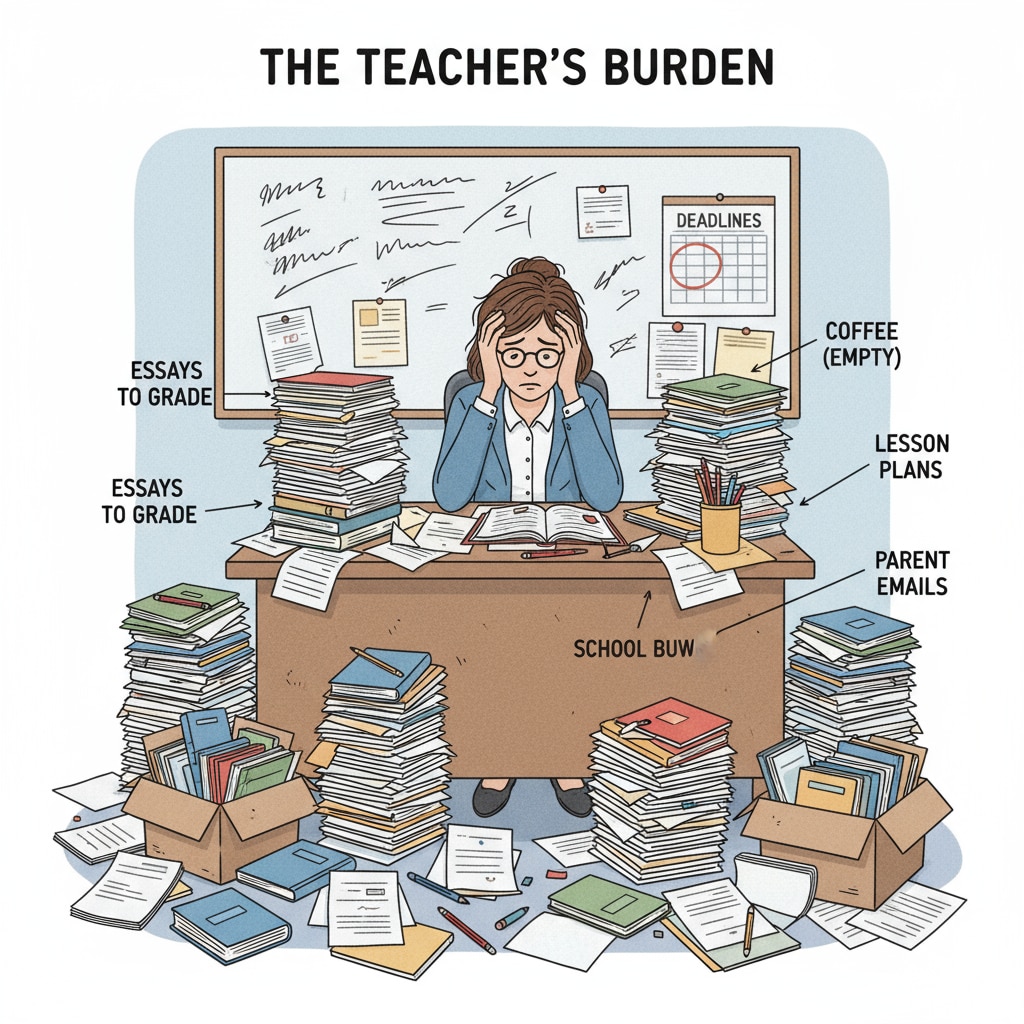 A teacher sitting at a desk, looking stressed while surrounded by piles of papers. A stressed teacher surrounded by work, highlighting the workload challenge.