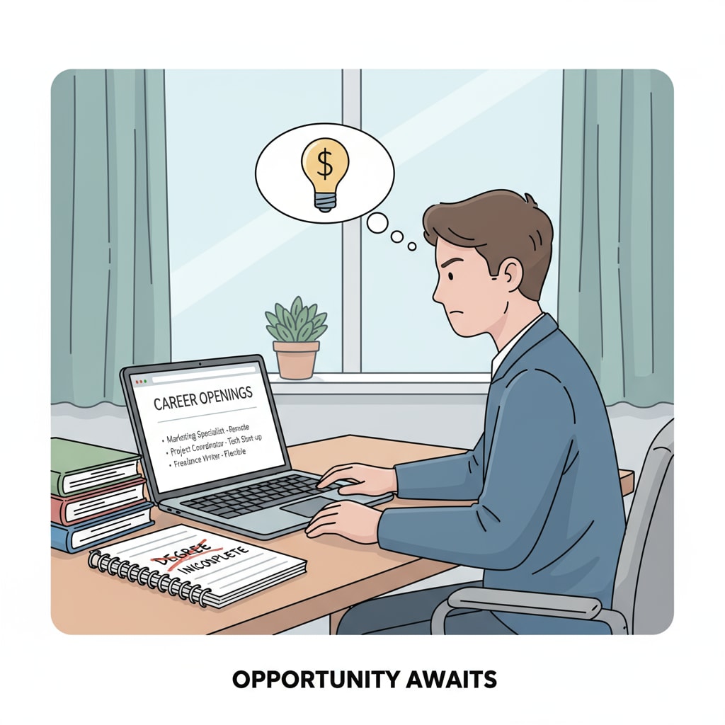A person sitting at a desk, looking at job listings with a determined expression, representing someone seeking career opportunities despite an uncompleted degree. A person focused on job listings while considering career development with uncompleted degree and educational requirements.