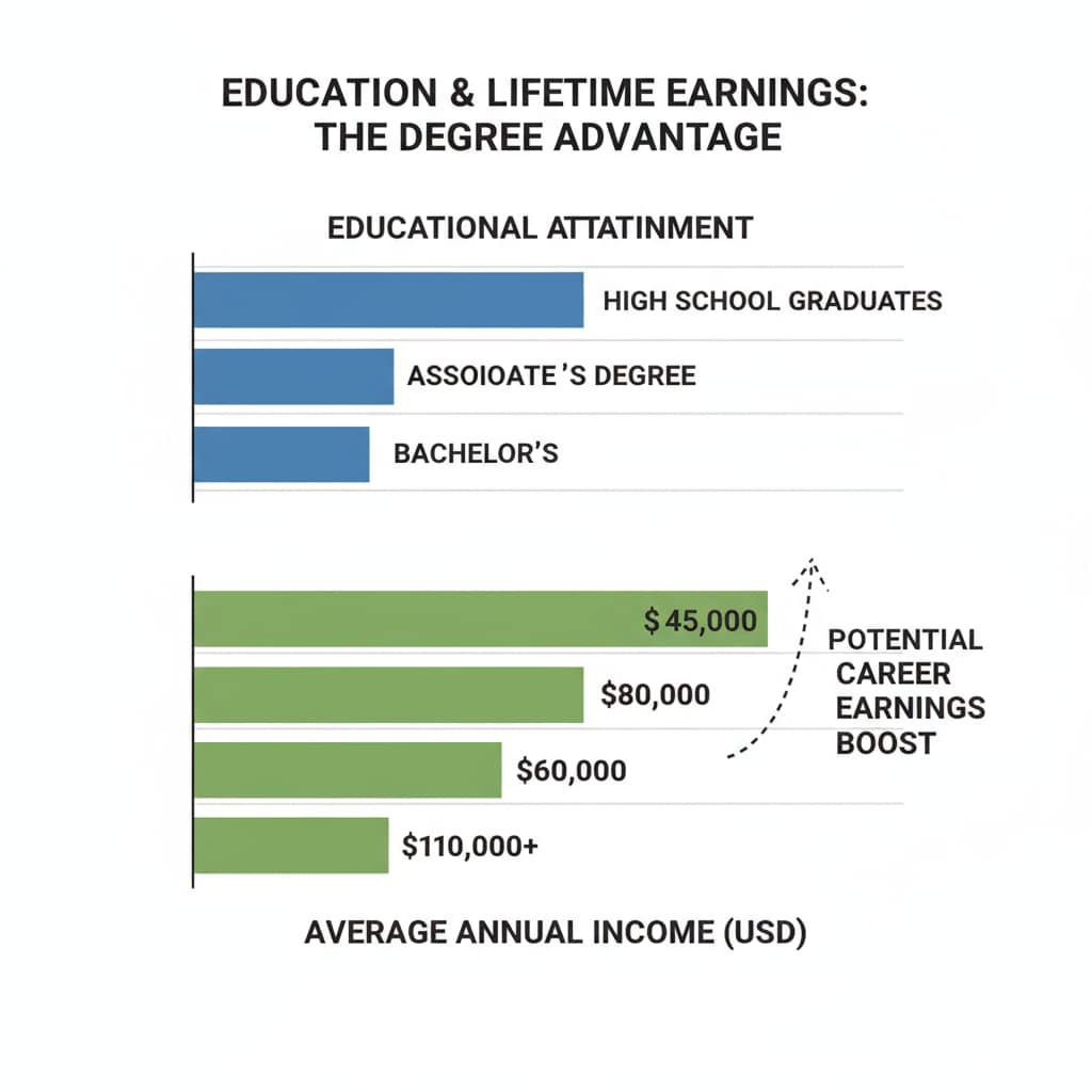 A graph showing the correlation between educational attainment and average income, highlighting the potential impact of degree completion on career earnings. Graph depicting the relationship between educational levels and average income relevant to career development and educational requirements.