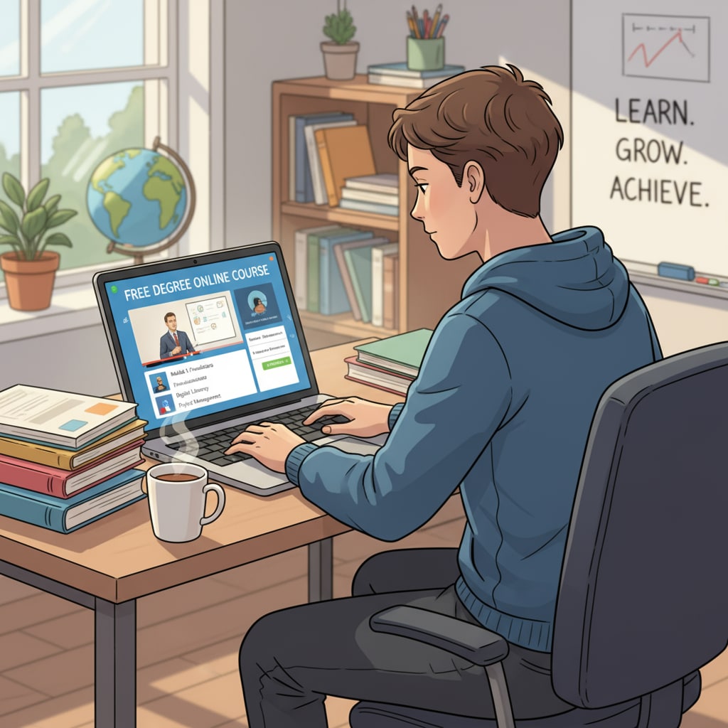 An individual is sitting in a comfortable workspace, focused on their laptop screen as they study an online course, representing the online learning aspect of the free degree. Person studying online for a free degree from The University of Phoenix for career development