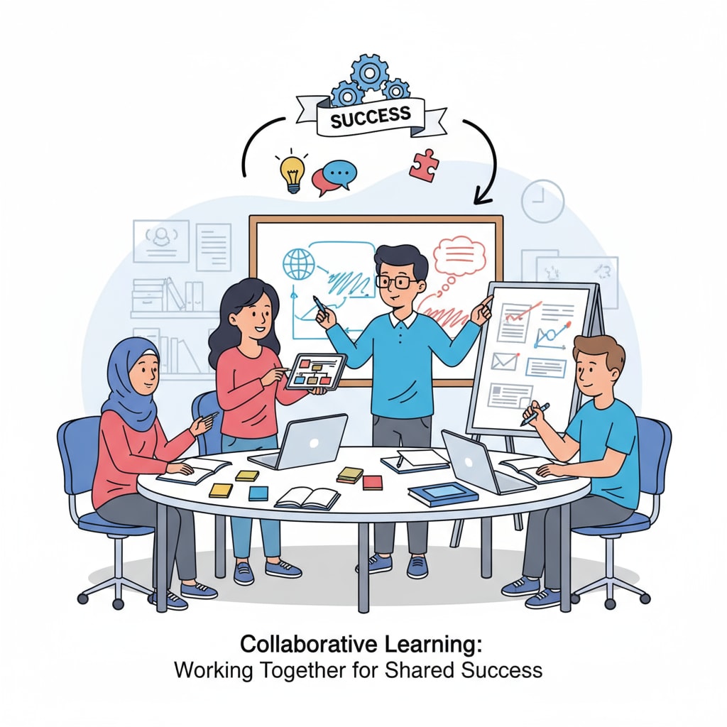 Students collaborating on a project, sharing ideas and working towards a common goal. Collaborative learning in action to combat student burnout and enhance learning.