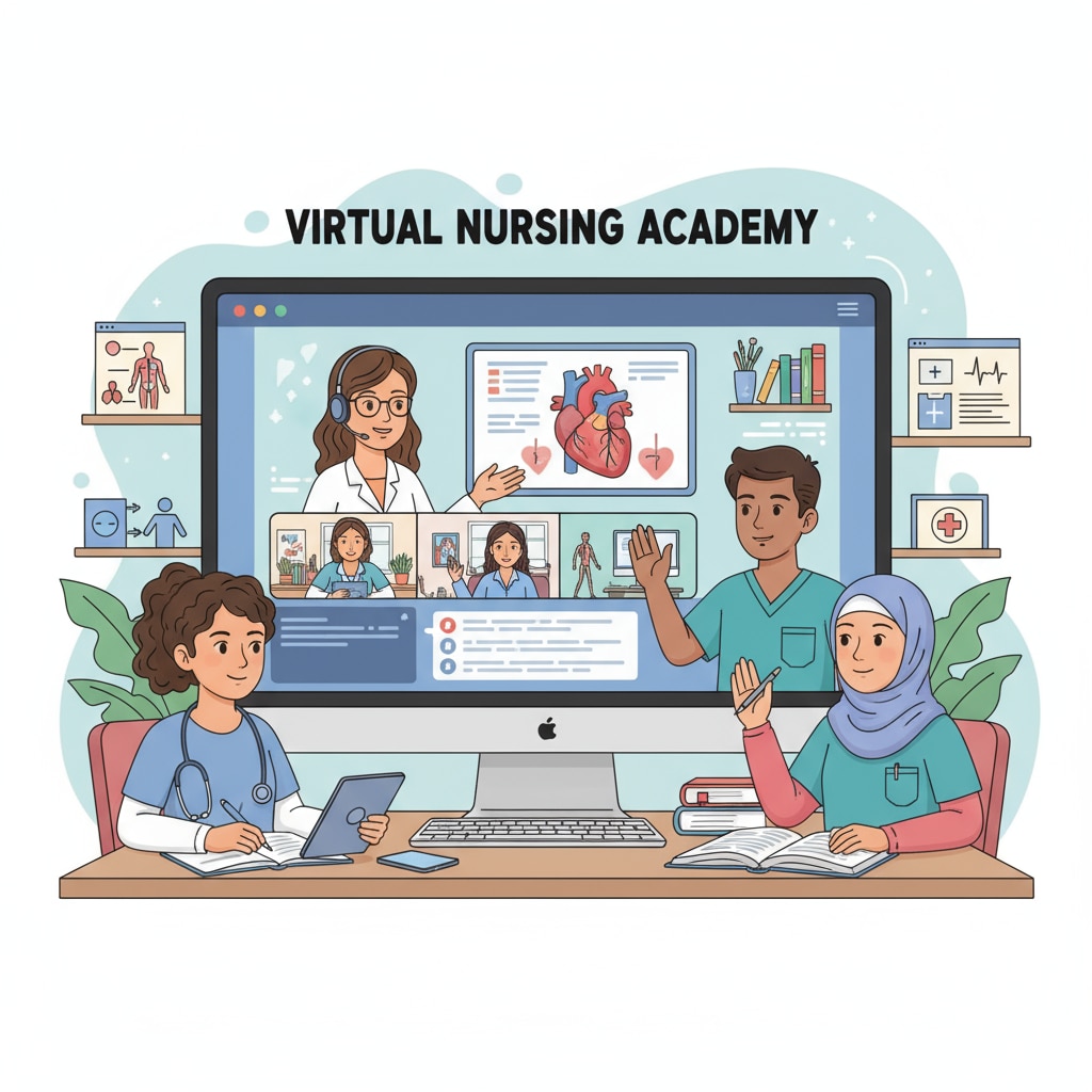 A group of students attending an online nursing class, showing the interaction and learning atmosphere in the virtual classroom. Online nursing class for students exploring nursing education without ACT/SAT requirements