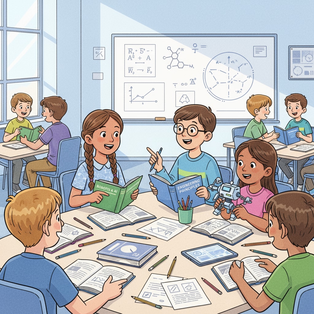 Students are engaged in a lively discussion about STEM subjects in a classroom setting, with books and papers spread out on the desks. K12 students discussing STEM subjects related to chemistry degrees and career planning