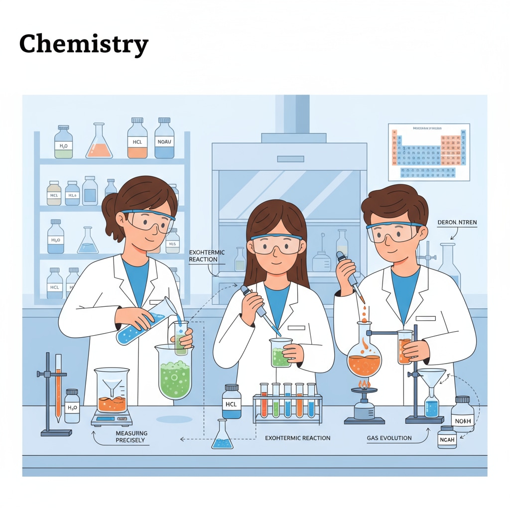 Students are busy conducting a chemistry experiment in a well-equipped laboratory. They are carefully measuring chemicals and observing reactions. K12 students performing a chemistry experiment relevant to chemistry degrees and career planning