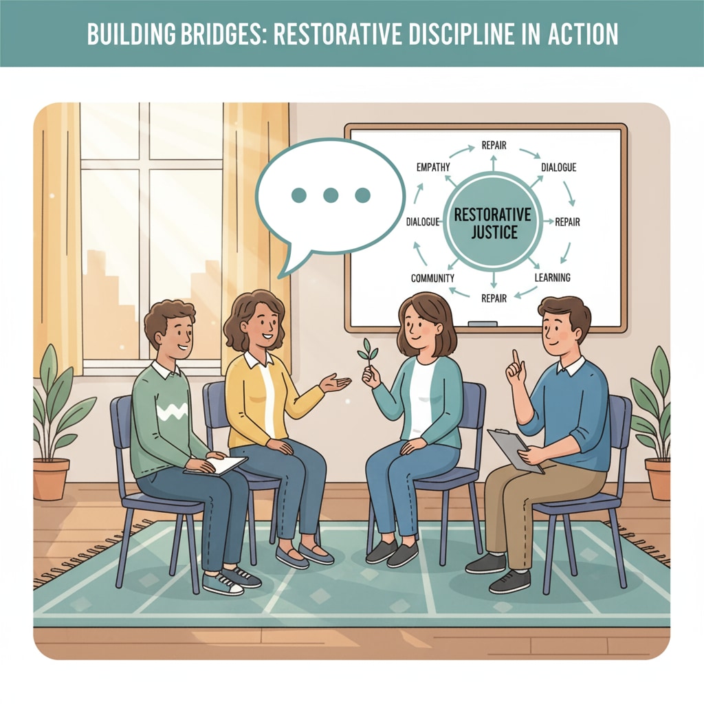 A group of students and teachers are having a positive discussion, which represents the communication and interaction in restorative discipline practices. Students and teachers engaged in a positive discussion related to school discipline, parental expectations, and restorative practices