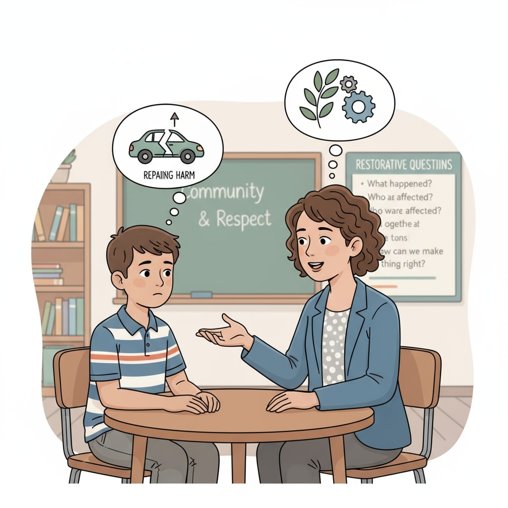 A teacher is having a one-on-one conversation with a student, aiming to help the student improve behavior, which is an important part of restorative discipline. A teacher-student conversation for behavior improvement in the context of school discipline, parental expectations, and restorative practices
