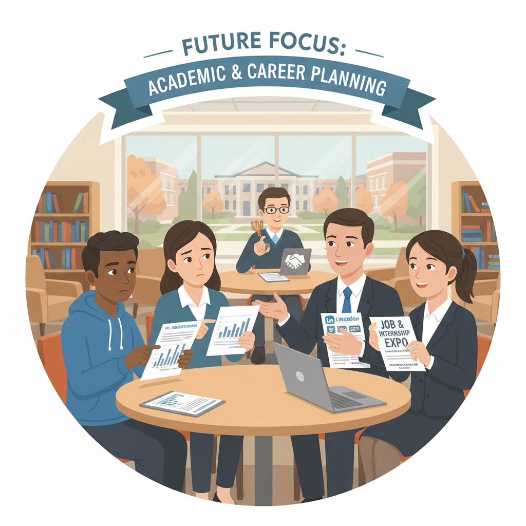 A group of students are sitting around a table in a campus lounge. Some are looking at their grade reports, while others are discussing potential job opportunities. Students discussing university grades and future employment prospects