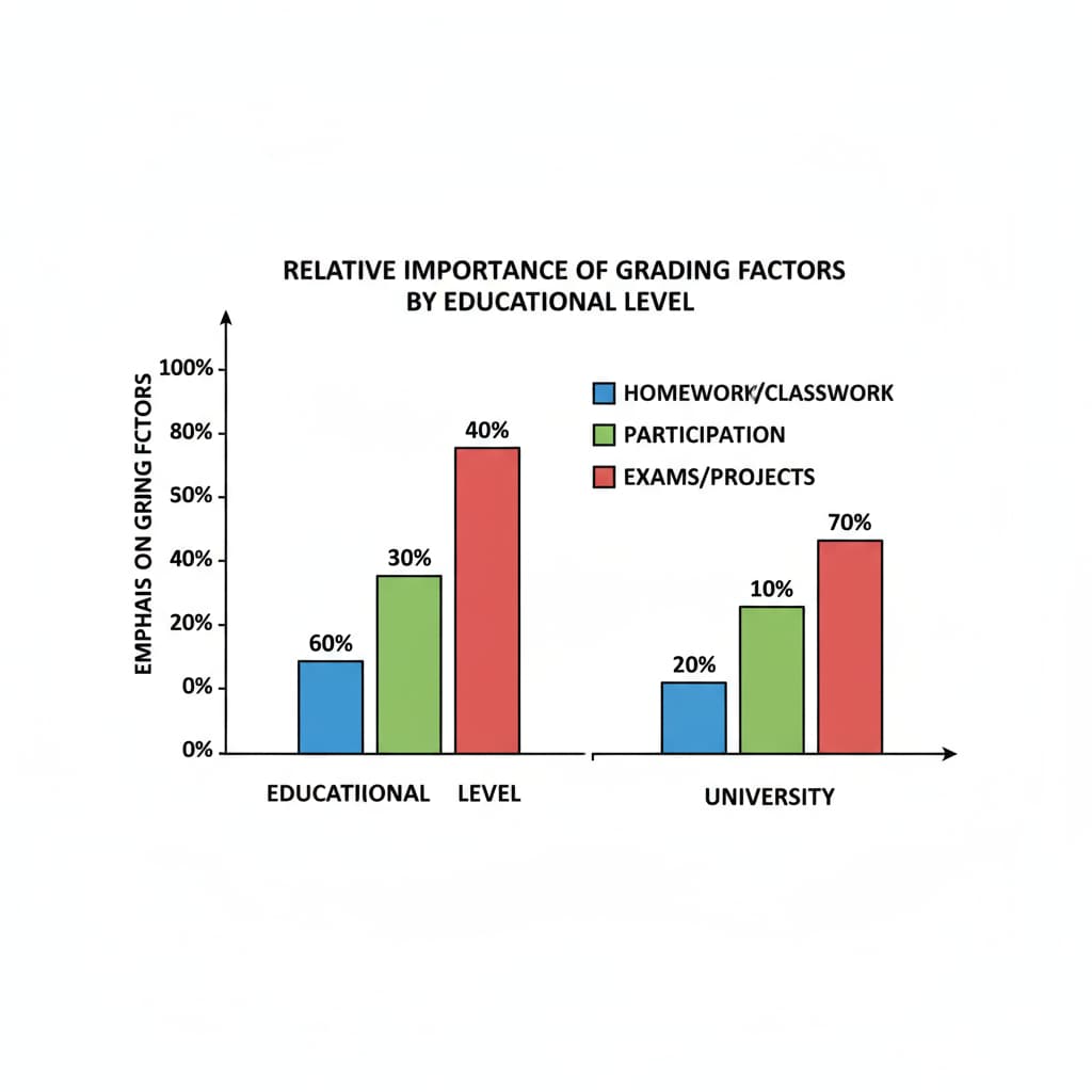 A bar chart with two axes. The x-axis shows different educational levels (K12, university), and the y-axis represents the emphasis on various grading factors. Chart showing the transition of grading systems from K12 to university