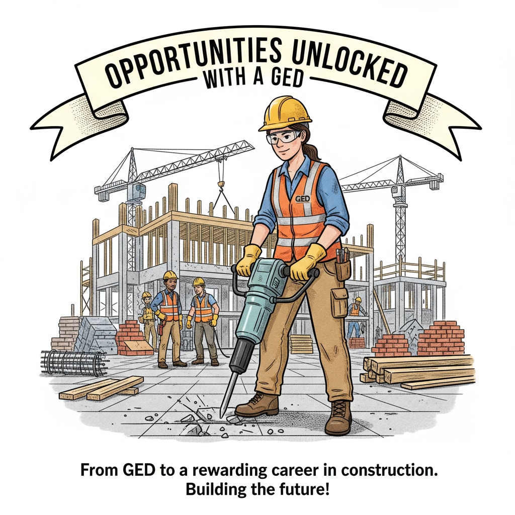 A GED holder is shown working at a construction site, wearing safety gear and operating construction tools. GED holder working as a construction worker, demonstrating one of the employment prospects for GED holders.