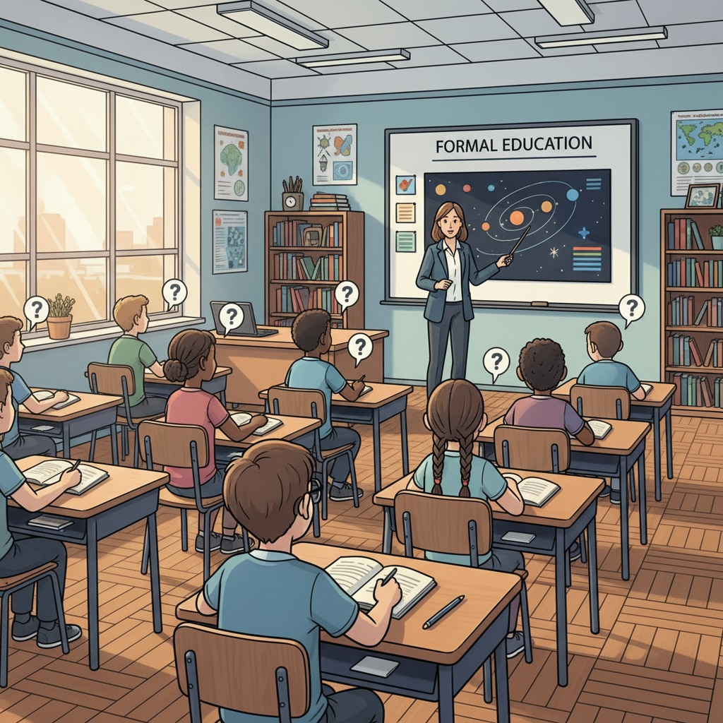 A classroom scene where students are sitting at their desks, looking at the teacher and listening intently, representing the formal education environment. Students in a formal education classroom setting related to lifelong learning, formal education, and cultural awareness