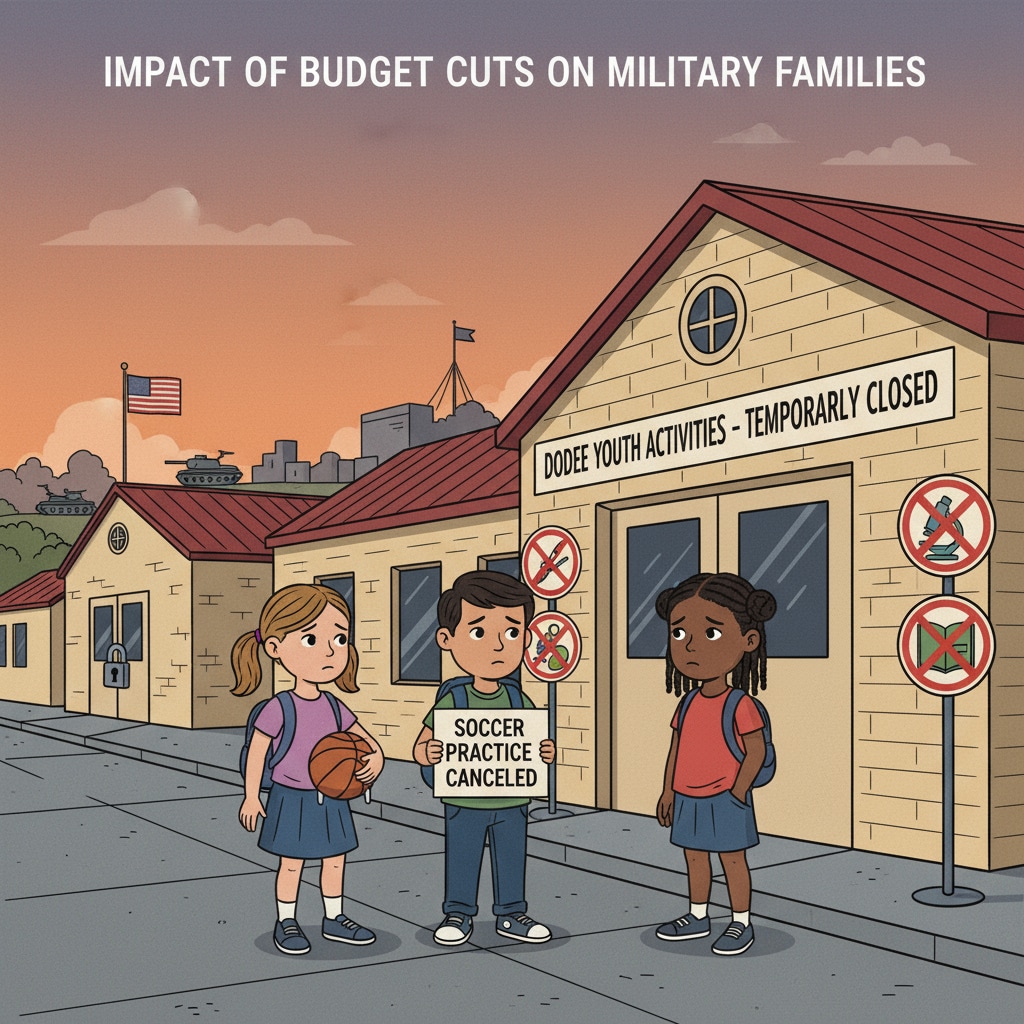 A group of military children looking disappointed as they stand near closed DODEA activity facilities. Military children affected by government shutdown of DODEA activities