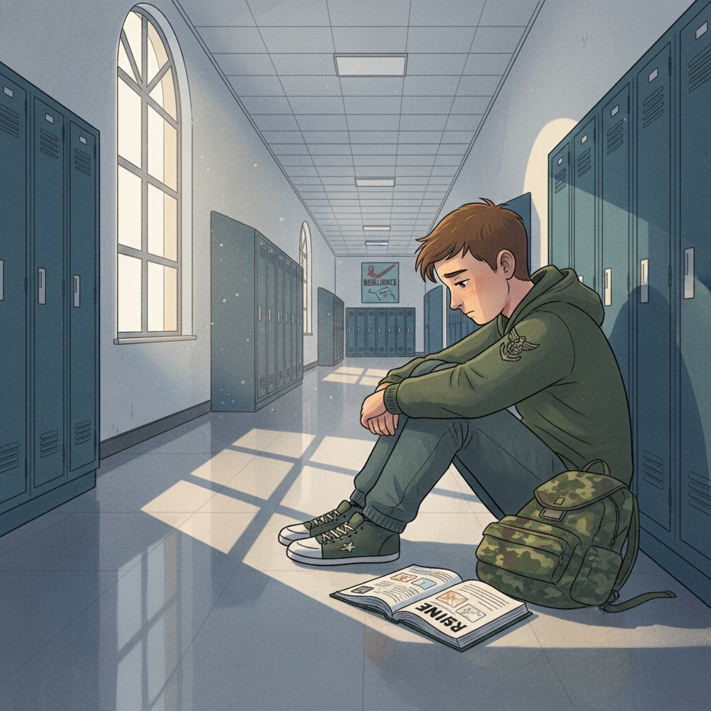 A military child sitting alone in an empty school hallway, looking sad. Sad military child due to halted DODEA activities during government shutdown