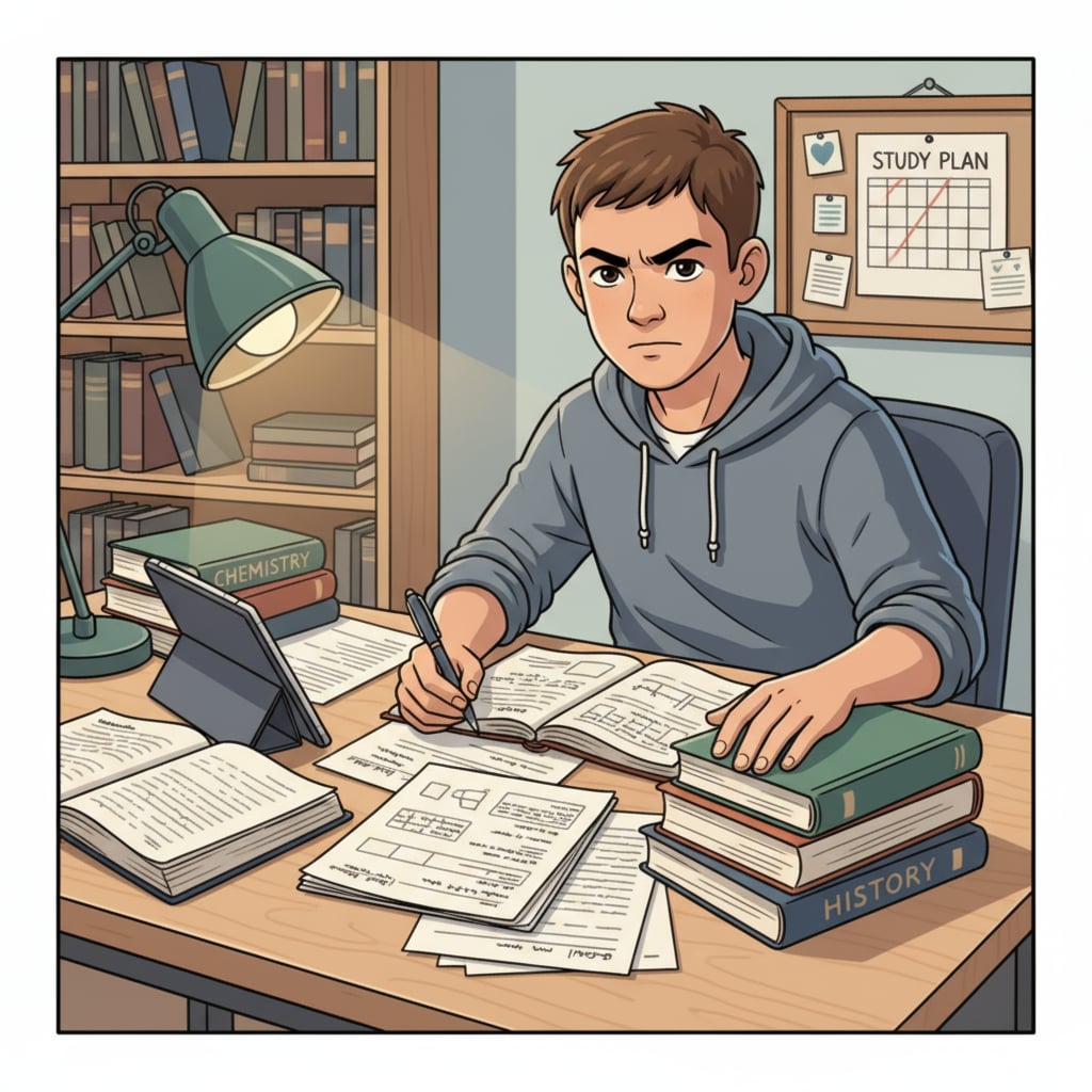 A teen is sitting at a desk, with books and notebooks spread out. There is a determined look on their face as they are ready to start self-studying. A teen preparing for self-study to overcome educational deprivation