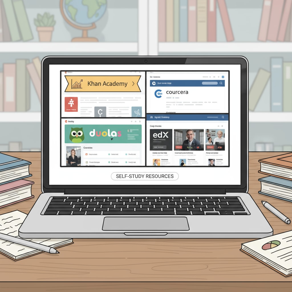 A student is using a laptop, with various educational websites open on the screen, indicating the use of online resources for self-study. A student accessing online educational resources for self-study to catch up in academic levels