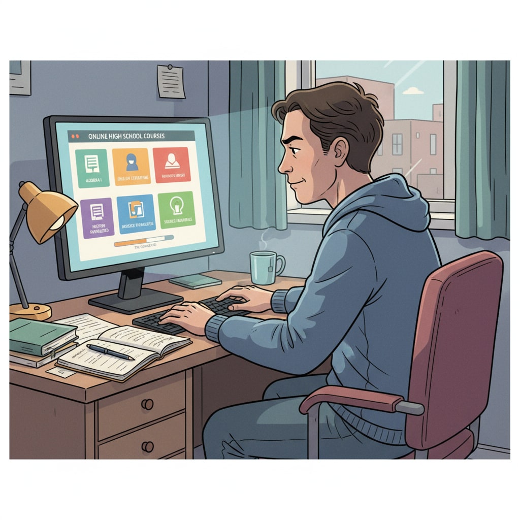 A low-income adult exploring online high school courses on a computer