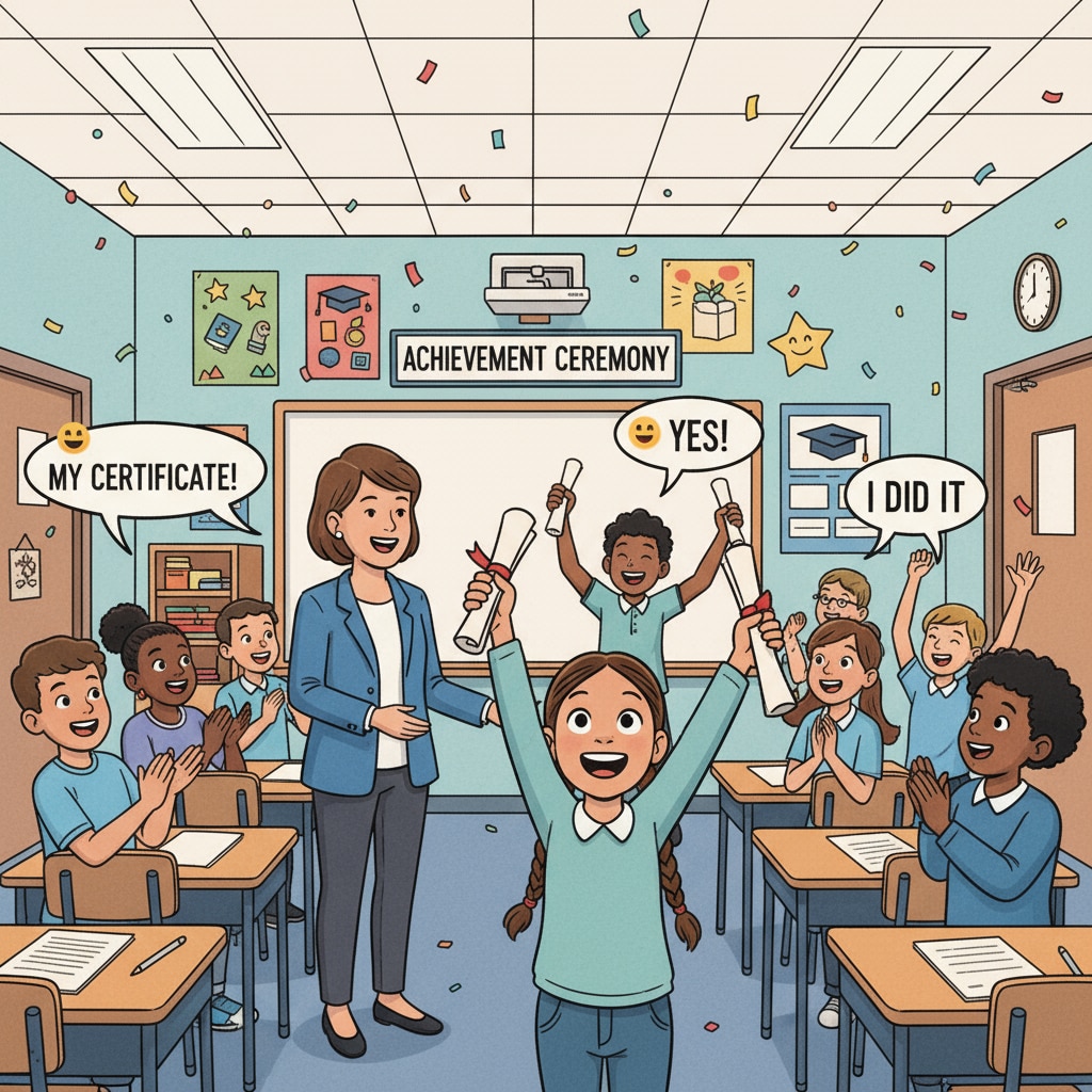 A classroom scene where students are receiving certificates, showing the enthusiasm for certificates in K12 education. Students receiving certificates related to career, employment, and educational investment in K12 education.