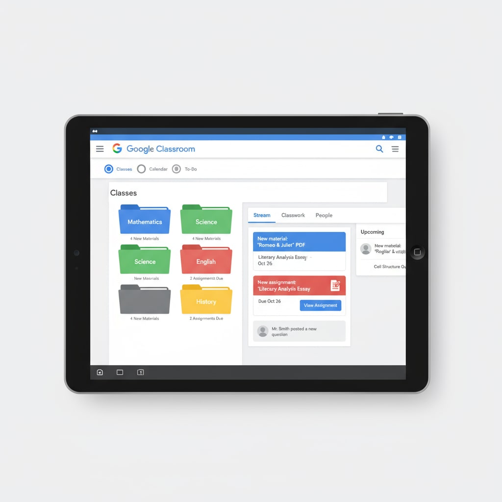 The interface of Google Classroom is displayed, showing organized folders for different subjects, uploaded materials, and assignment details. It looks user-friendly and easy to navigate. Google Classroom interface for efficient lesson planning and resource distribution related to teacher time management and teaching efficiency
