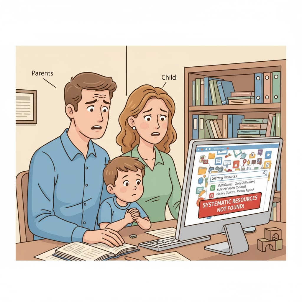 A family is sitting in front of a computer. The parents look worried as they try to find suitable learning resources for their child on the digital learning platform, highlighting the difficulties they face due to the lack of systematic resources. A family struggling with digital learning resources due to lack of textbooks and difficulties in parents' tutoring