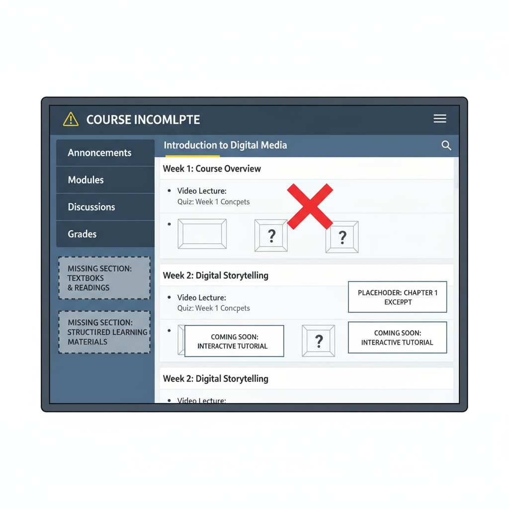 A screenshot of an online learning platform shows missing sections related to textbooks and structured learning materials, emphasizing the incomplete nature of the digital learning resources. Screenshot of an online learning platform with lack of textbooks, indicating difficulties in digital learning and parents' tutoring