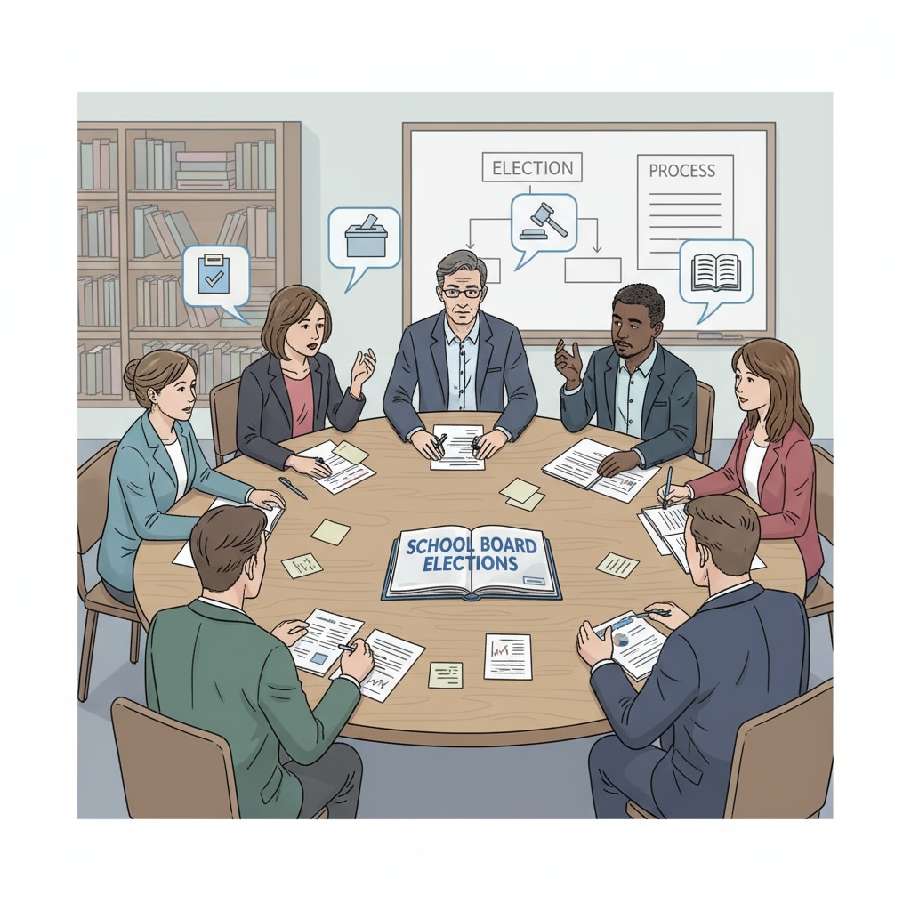 A group of LGBTQ+ individuals sitting around a table, engaged in a serious discussion about school board elections, with papers and notes spread out. LGBTQ+ individuals discussing school board matters