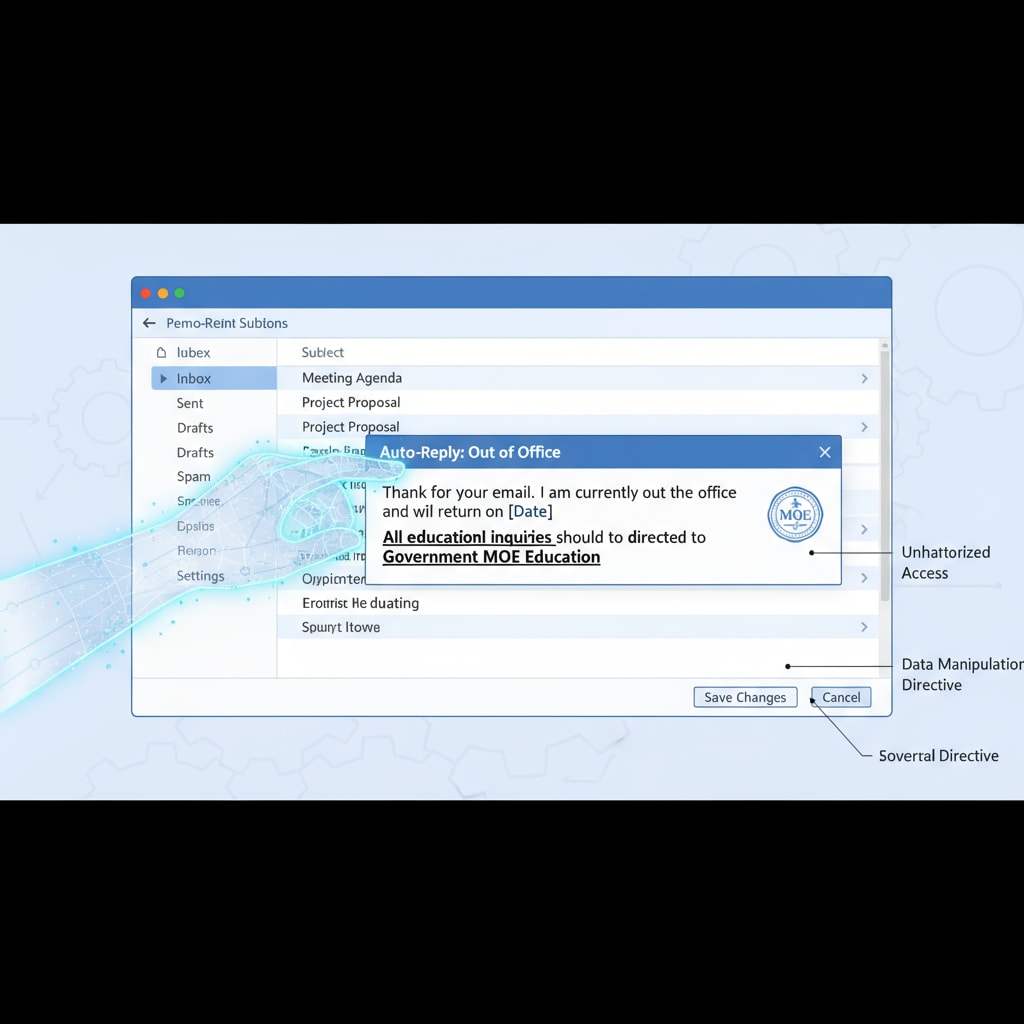 A visual showing an email inbox where the auto-reply message is being changed by an unseen force, representing the unauthorized modification by the Ministry of Education. An illustration of the unauthorized email auto-reply modification by the Ministry of Education