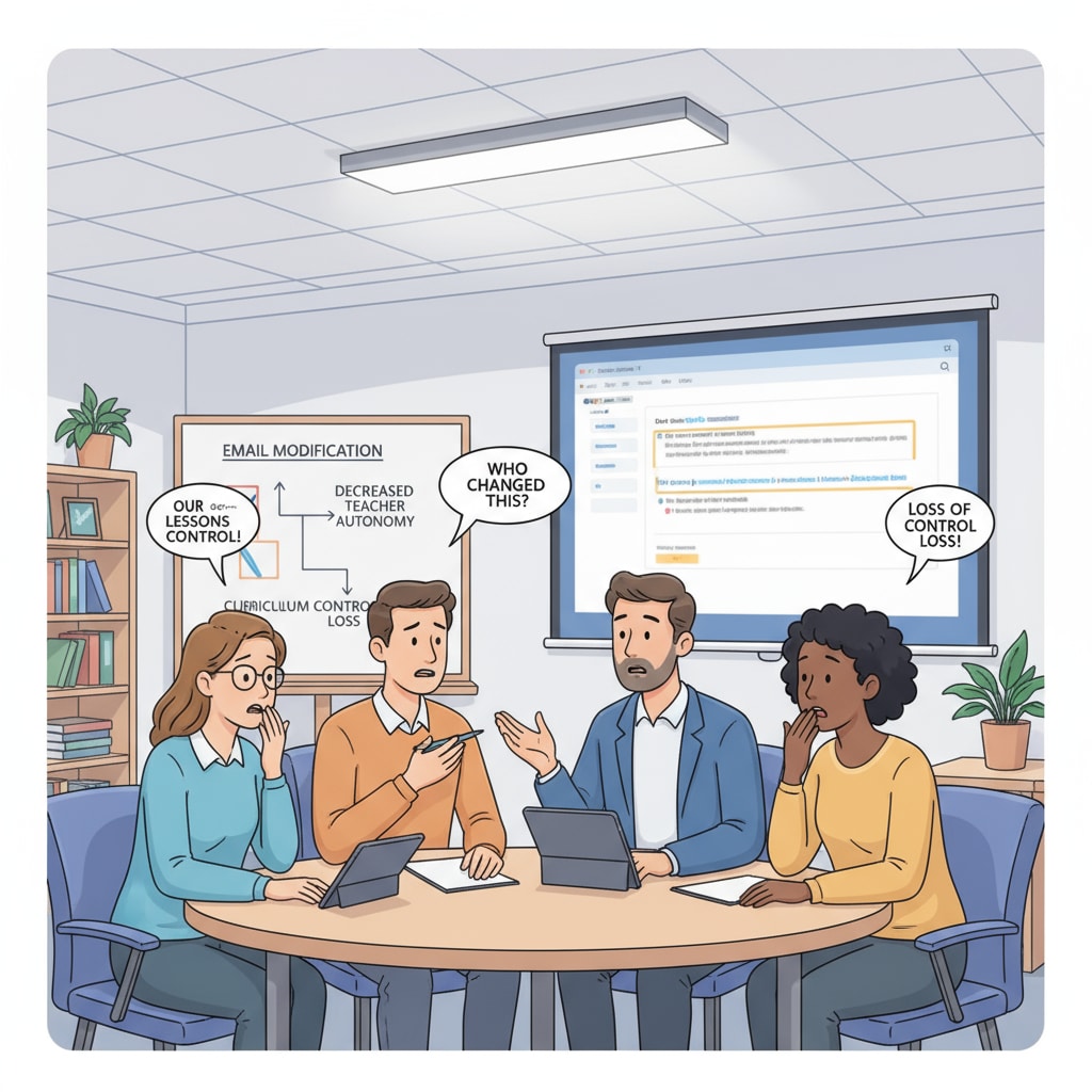 A picture of a group of teachers gathered around a table, looking concerned and discussing the email modification issue, highlighting the impact on teacher autonomy. Teachers discussing the unauthorized email modification by the Ministry of Education