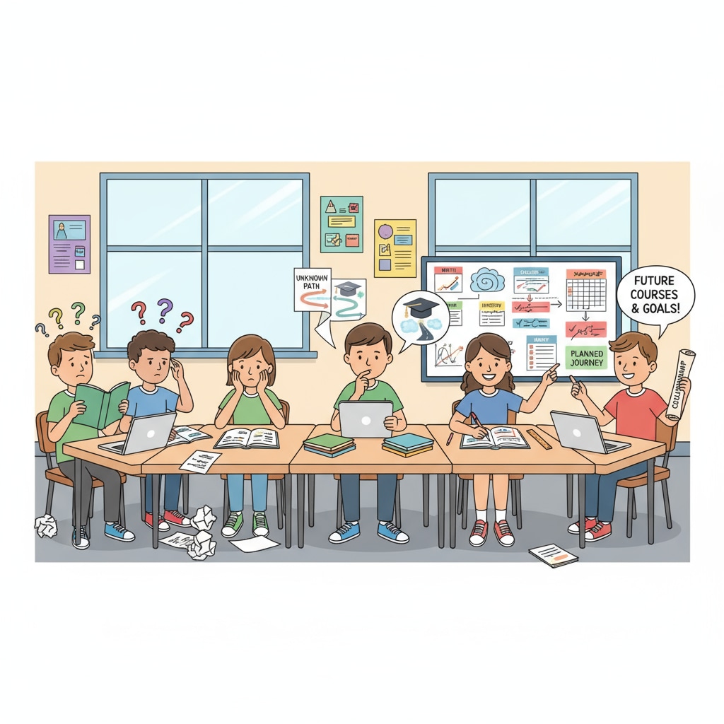 A group of students are sitting in a classroom, with some looking confused while others are making study plans, indicating the struggle in educational decision-making. Students facing difficulties in making educational choices under social pressure and considering life goals.