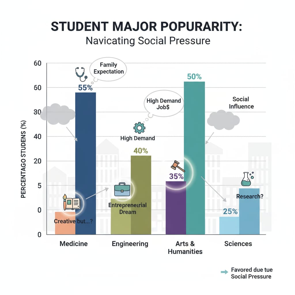 A bar chart shows the popularity of different majors among students, with some majors being more favored due to social pressure. Chart depicting the influence of social pressure on students' choice of majors related to life goals.