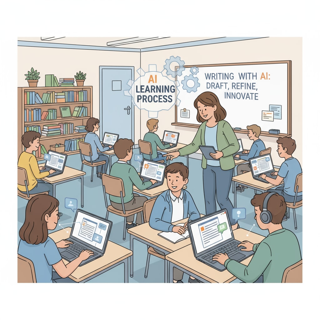 The picture depicts students using AI tools in a classroom setting. The teacher is walking around, observing and guiding the students, which shows the integration of AI in the writing learning process. Students using AI tools for writing under the guidance of a teacher in an AI era writing classroom